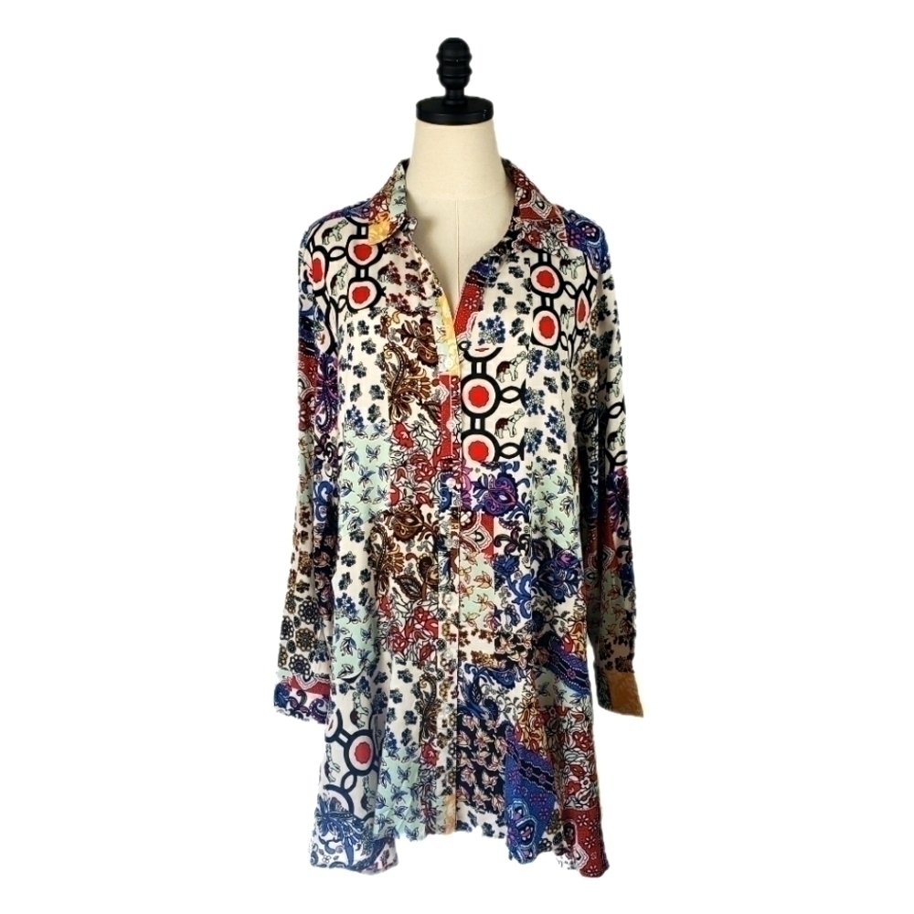 Republic Patchwork Tunic Blouse Long Sleeve Button Front